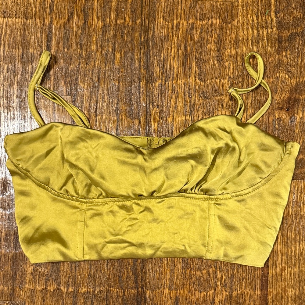 Olive Green Satin Crop Top Sweetheart Neckline Coset Boning Fairy Girly Edgy